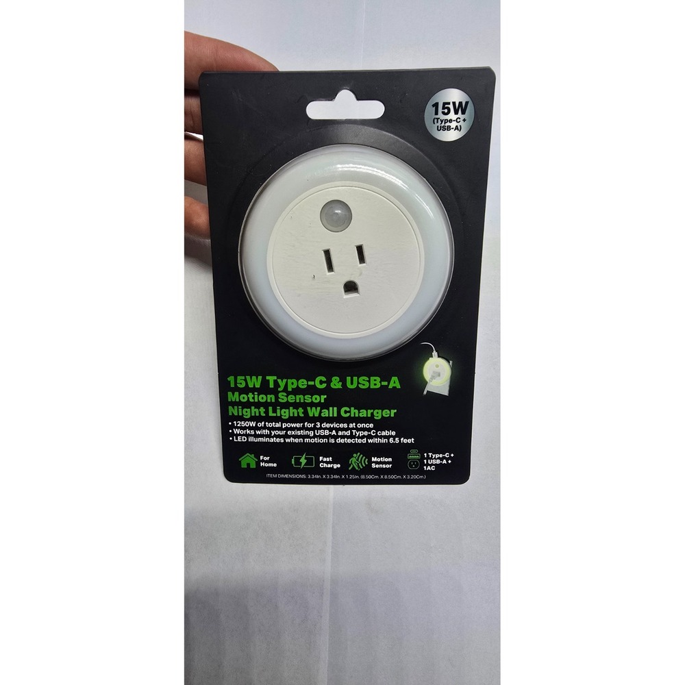 15W LED wall Charger 1 AC Plus 1 USB C Plus 1 USB A Motion Sensor Night Light NU
